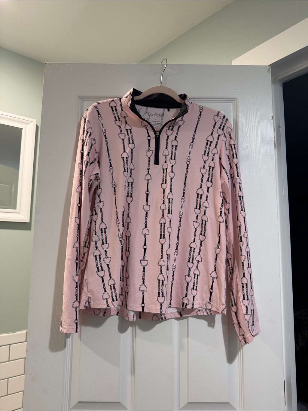 Pink Zip-Front Top With Equestrian Chain Print
